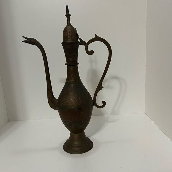 Vintage Brass Coffee Teapot Pitcher 9"x 15" Brown Ornate Etched Gooseneck - Picture 6 of 8